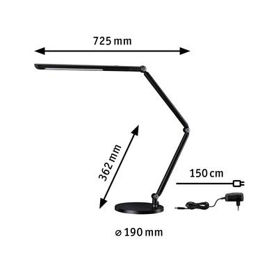 Lampe de bureau à trois articulations : hauteur 362 mm, portée 725 mm, diamètre du socle 190 mm. Le cordon d'alimentation fait 150 cm de long.