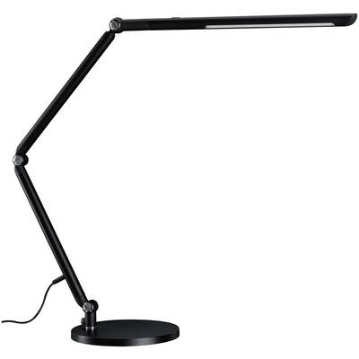 Lampe de bureau noire à bras ajustable, base ronde et tête de lampe élancée. Design scandinave, moderne et minimaliste.
