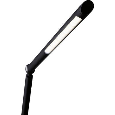 Lampe de table moderne noire avec un abat-jour allongé, inclinée vers la gauche.