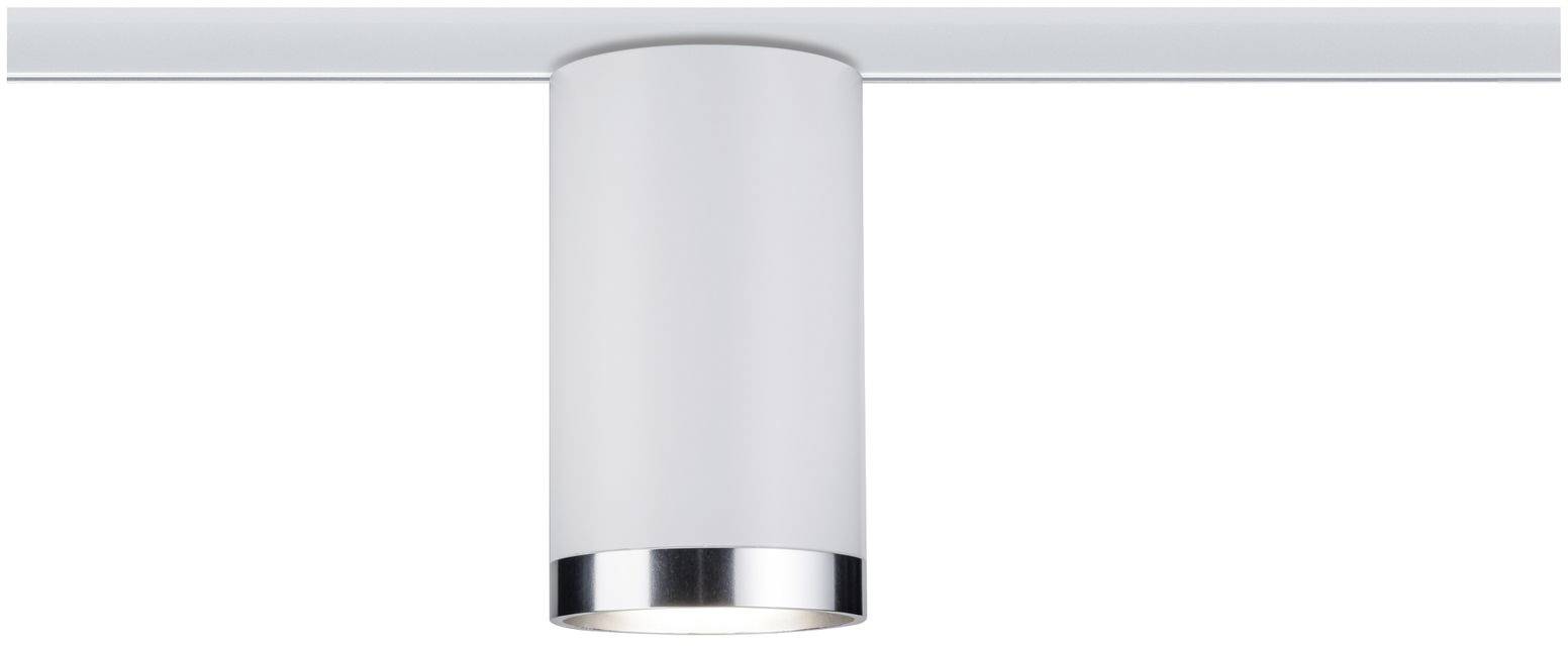 Un boîtier de plafonnier cylindrique en métal argenté, monté sur une tige étroite. Design minimaliste.