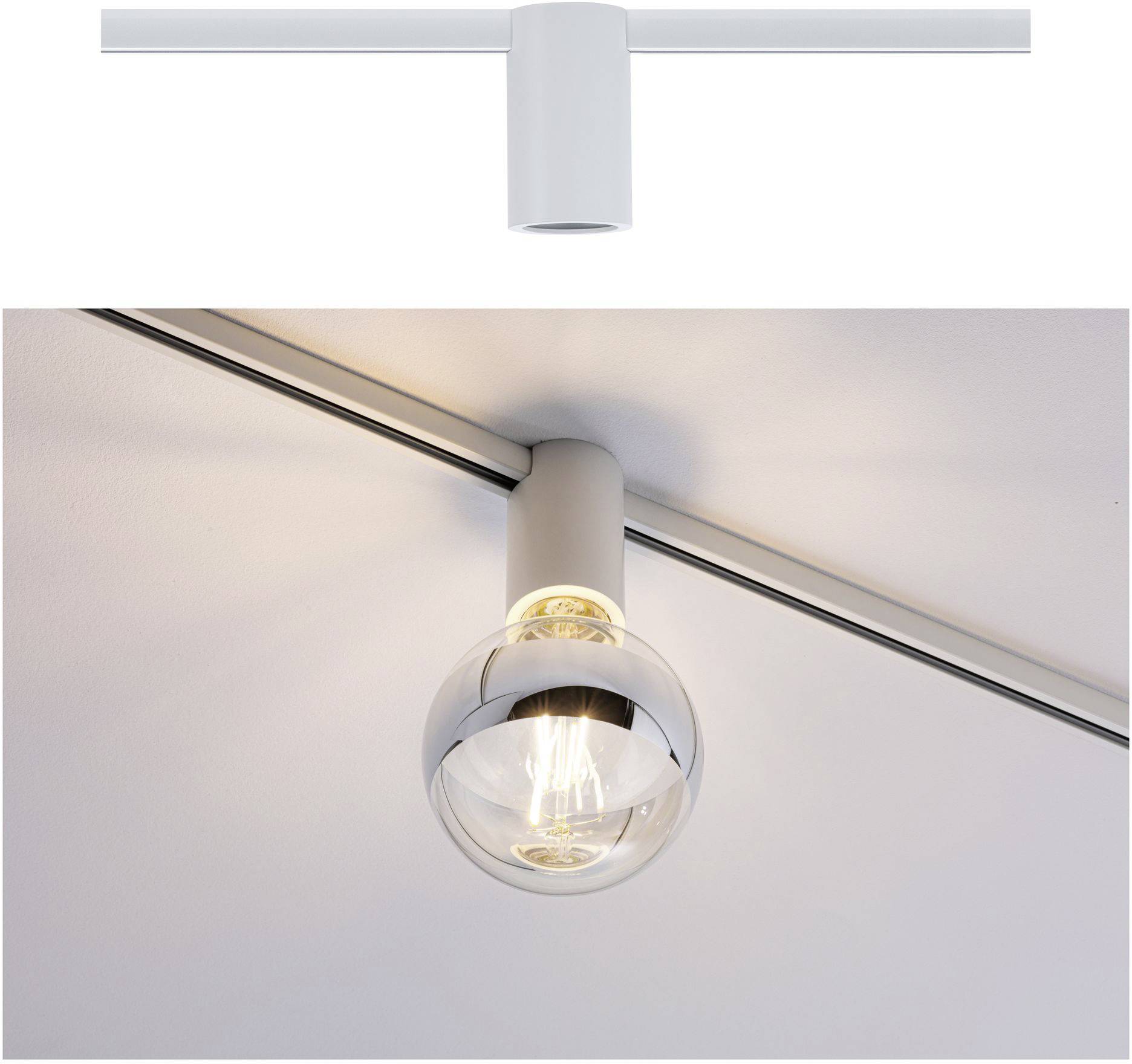 Luminaire plafonnier blanc avec ampoule apparente, fixé sur une tige métallique. Éclaire doucement la pièce.