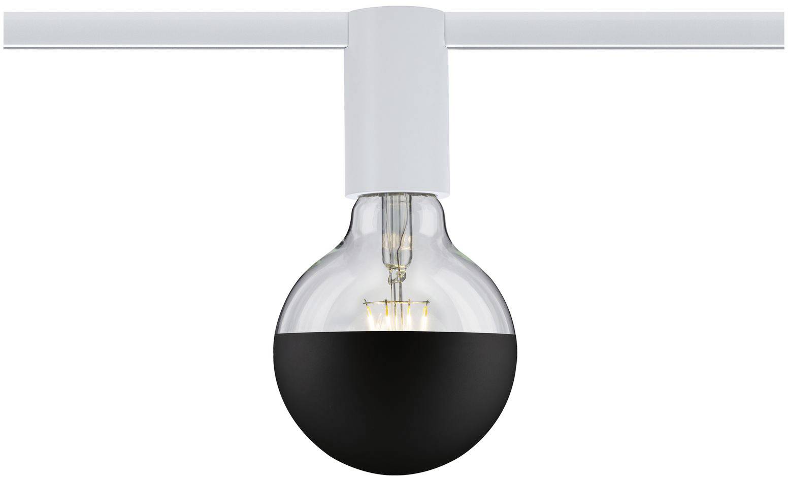Suspension avec un corps en verre rond et transparent et une partie inférieure noire, fixée sur un support métallique blanc, sur un fond blanc.