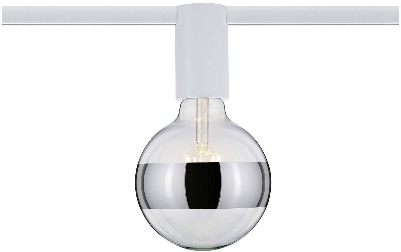Lampe suspendue avec ampoule. La lampe a une bande argentée et est fixée sur un rail blanc.
