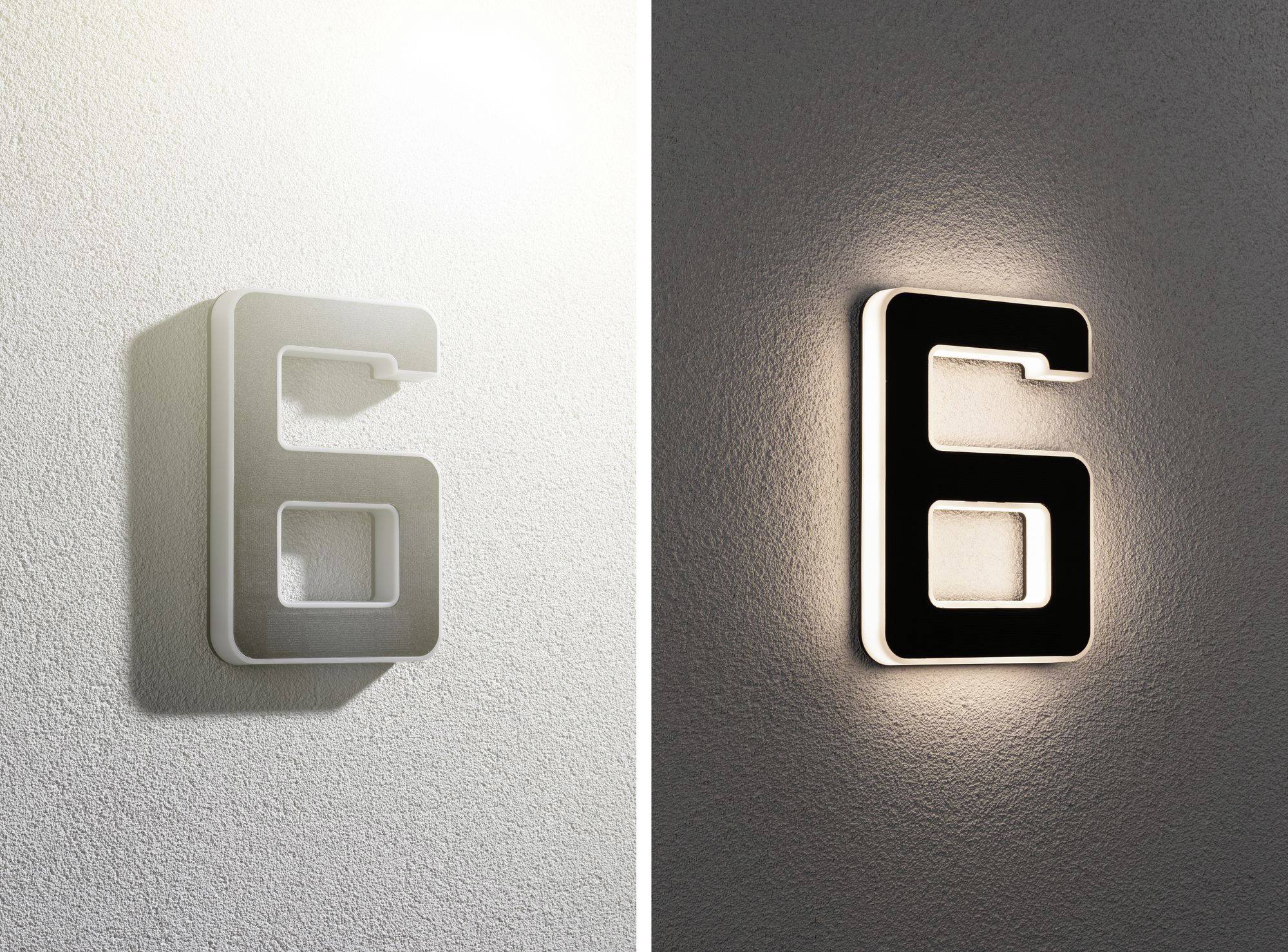 Un numéro de maison lumineux '6' sur un mur, capturé de jour et de nuit, avec un effet d'ombre et un éclairage indirect.