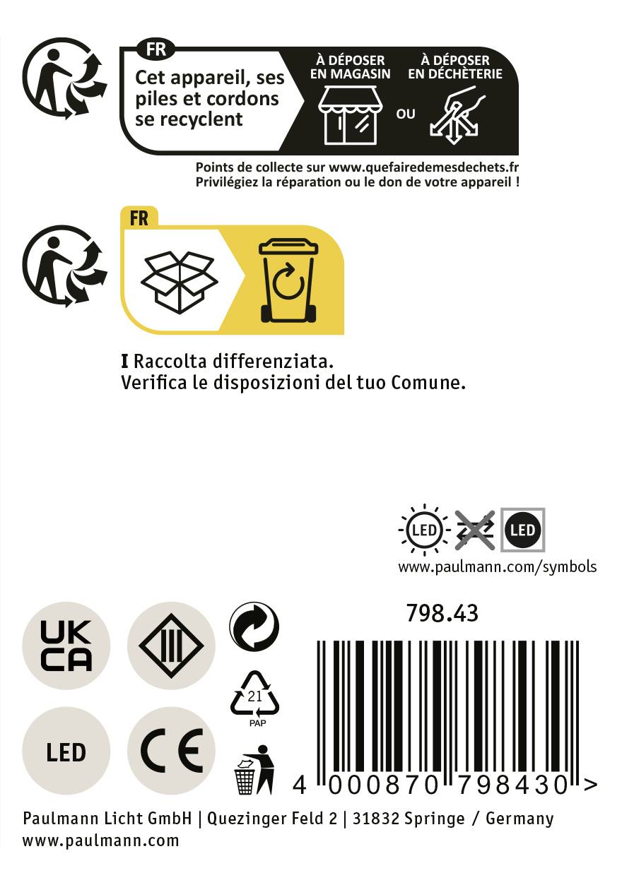 Étiquette de produit comprenant des instructions d'élimination et de recyclage, des symboles de sécurité et de certification, ainsi que des informations sur le fabricant.