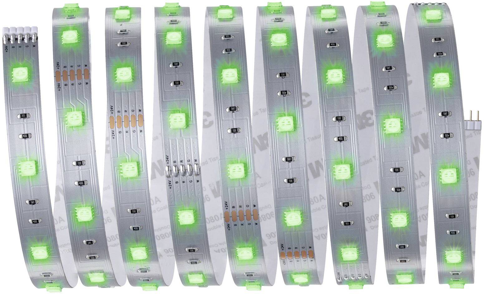 Image de plusieurs bandes de LED transparentes avec des diodes luminescentes vert clair, disposées de manière uniforme. Adaptées pour l'éclairage.