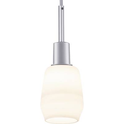 Suspension argentée avec un abat-jour oval blanc en verre. Design moderne, idéale pour l'éclairage du salon ou de la salle à manger.