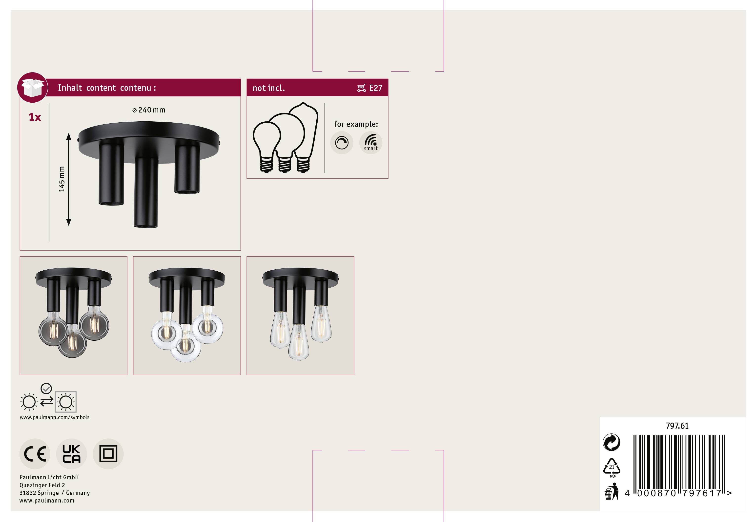 Plafonnier en métal noir, compatible avec des ampoules E27 (non fournies). Comprend trois douilles, diamètre 240 mm.