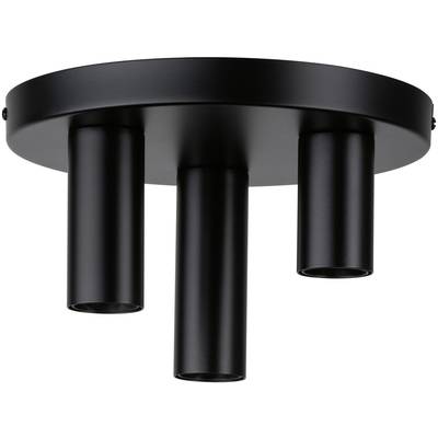 Plafonnier noir avec trois cylindres suspendus pouvant éclairer dans différentes directions. Design moderne.