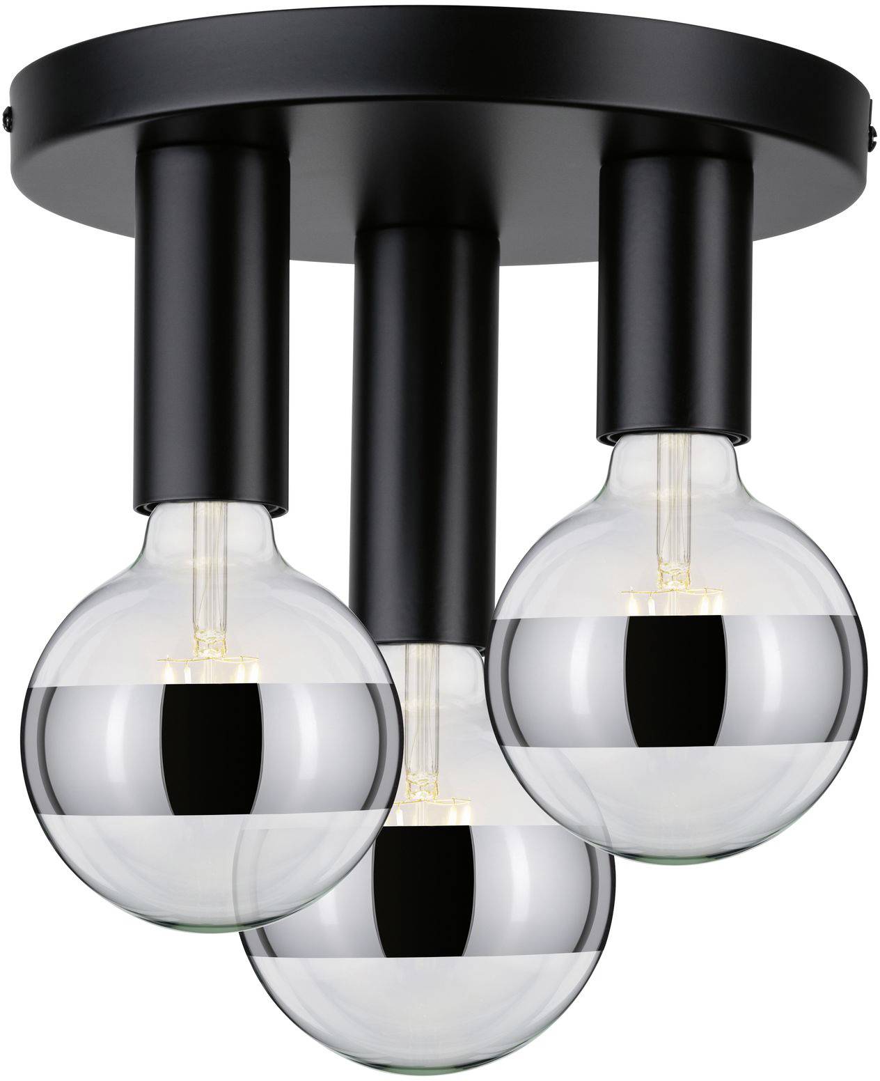Trois ampoules sont suspendues à un support de plafond rond noir. Les ampoules ont des rayures argentées et sont partiellement transparentes.