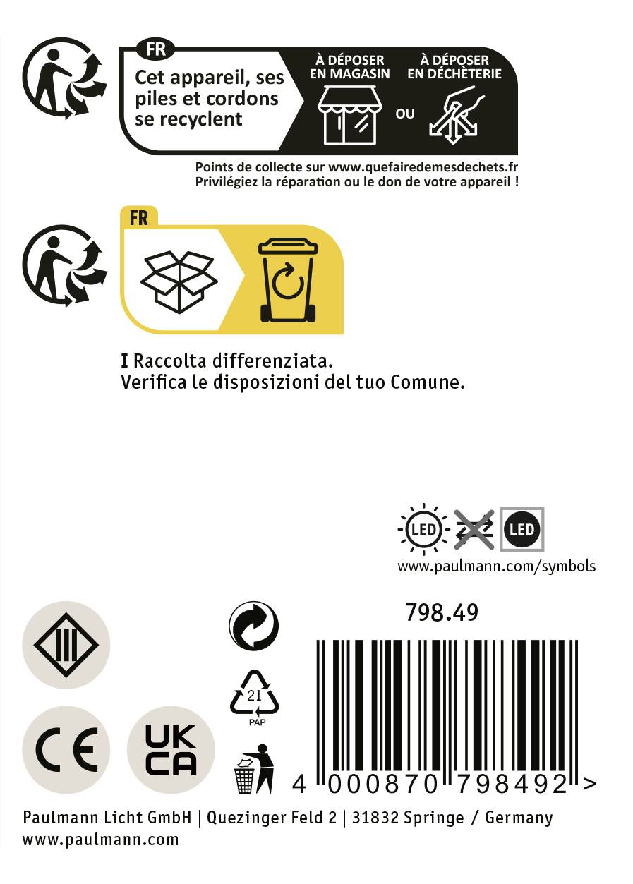 'Symbole de recyclage et d'élimination : En haut, le graphique montre un appareil qui peut être recyclé. En bas, texte en italien sur le tri des déchets.'