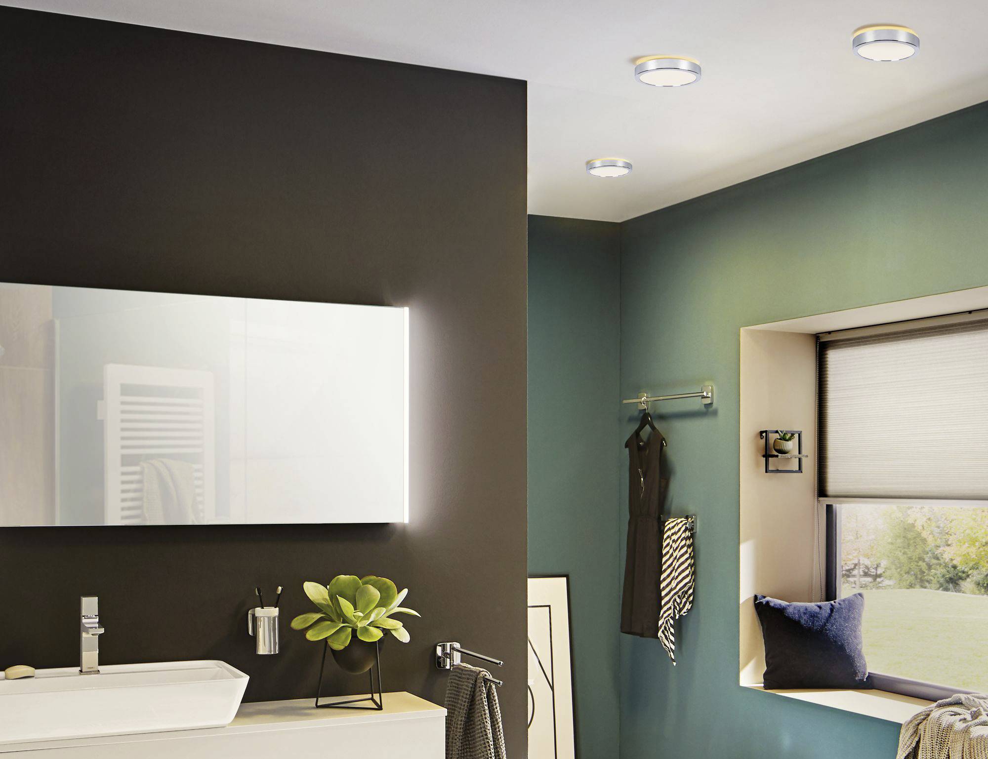 Salle de bain moderne avec un grand miroir et des luminaires encastrés au plafond, lavabo avec une plante et une fenêtre du sol au plafond offrant une vue dégagée.