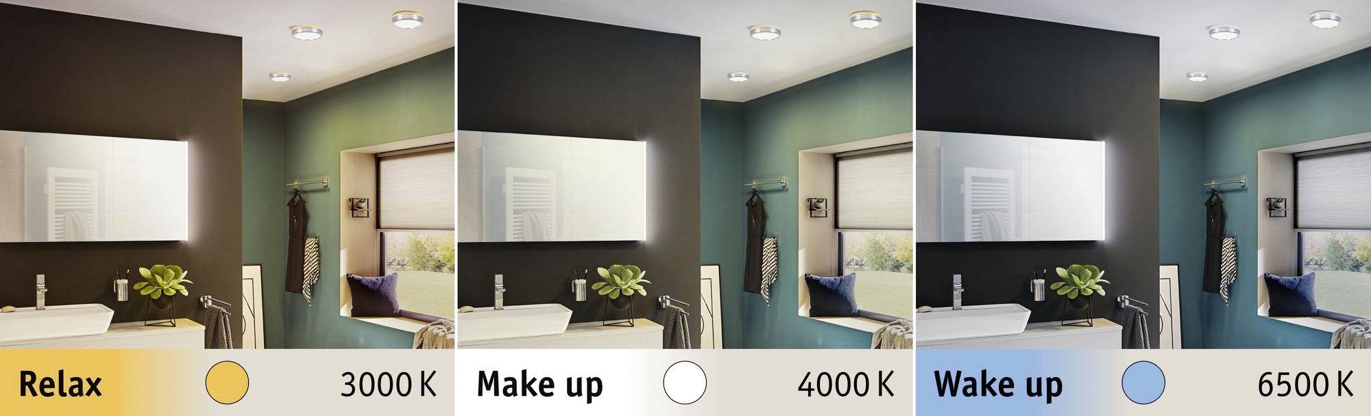 Quatre salles de bain avec des couleurs de lumière variées : 3000K pour la détente (chaleureux), 4000K pour le maquillage (neutre), 6500K pour le réveil (froid).