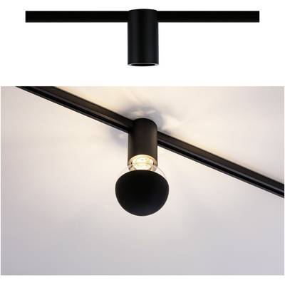 'Plafonnier noir au design moderne, avec une tête de lampe ronde contenant une ampoule transparente, fixé sur un rail.'