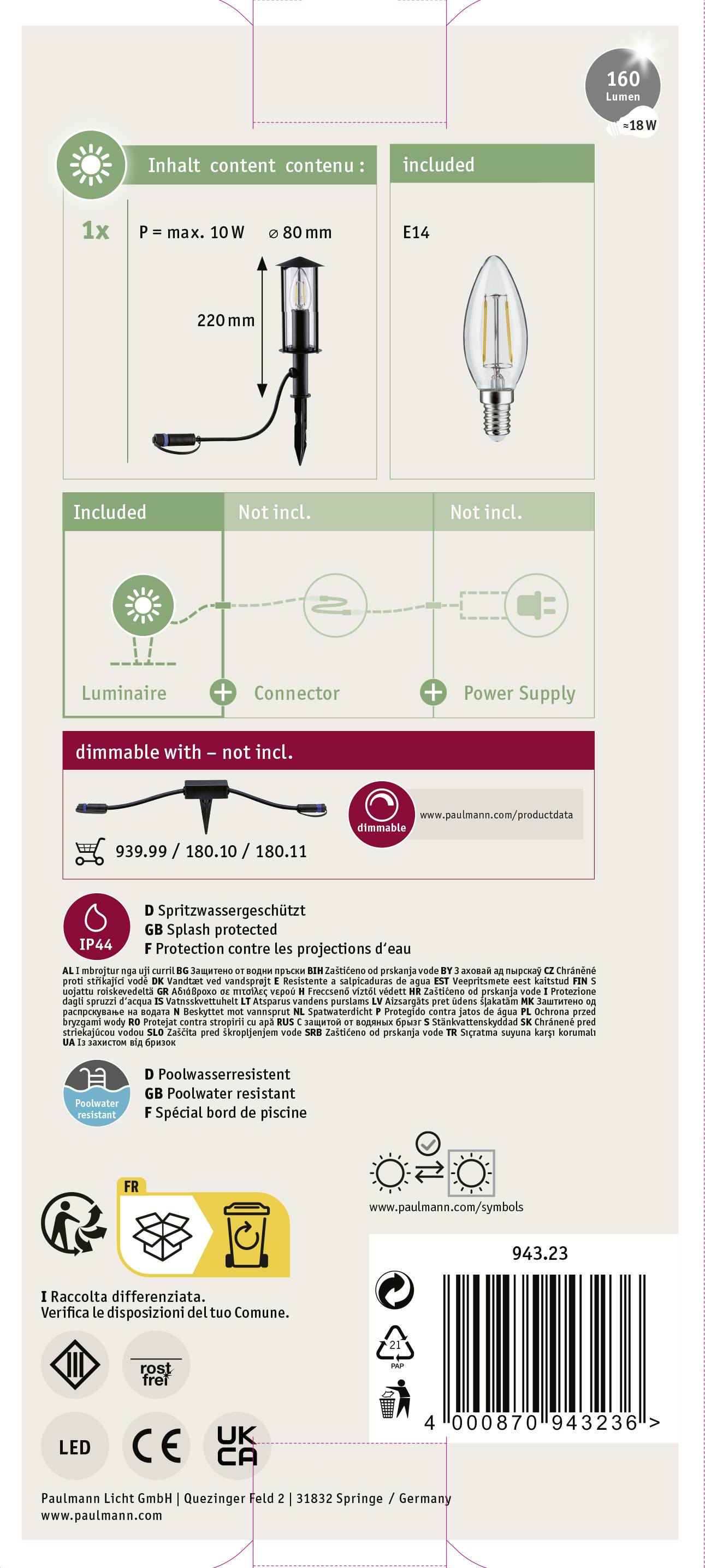 Dos de l'emballage d'une lampe LED. Présente les détails du contenu : Ampoule (E14), fiche, ballast. Puissance : max. 30 W. Dimensions : 80 mm de long, 220 mm de haut.