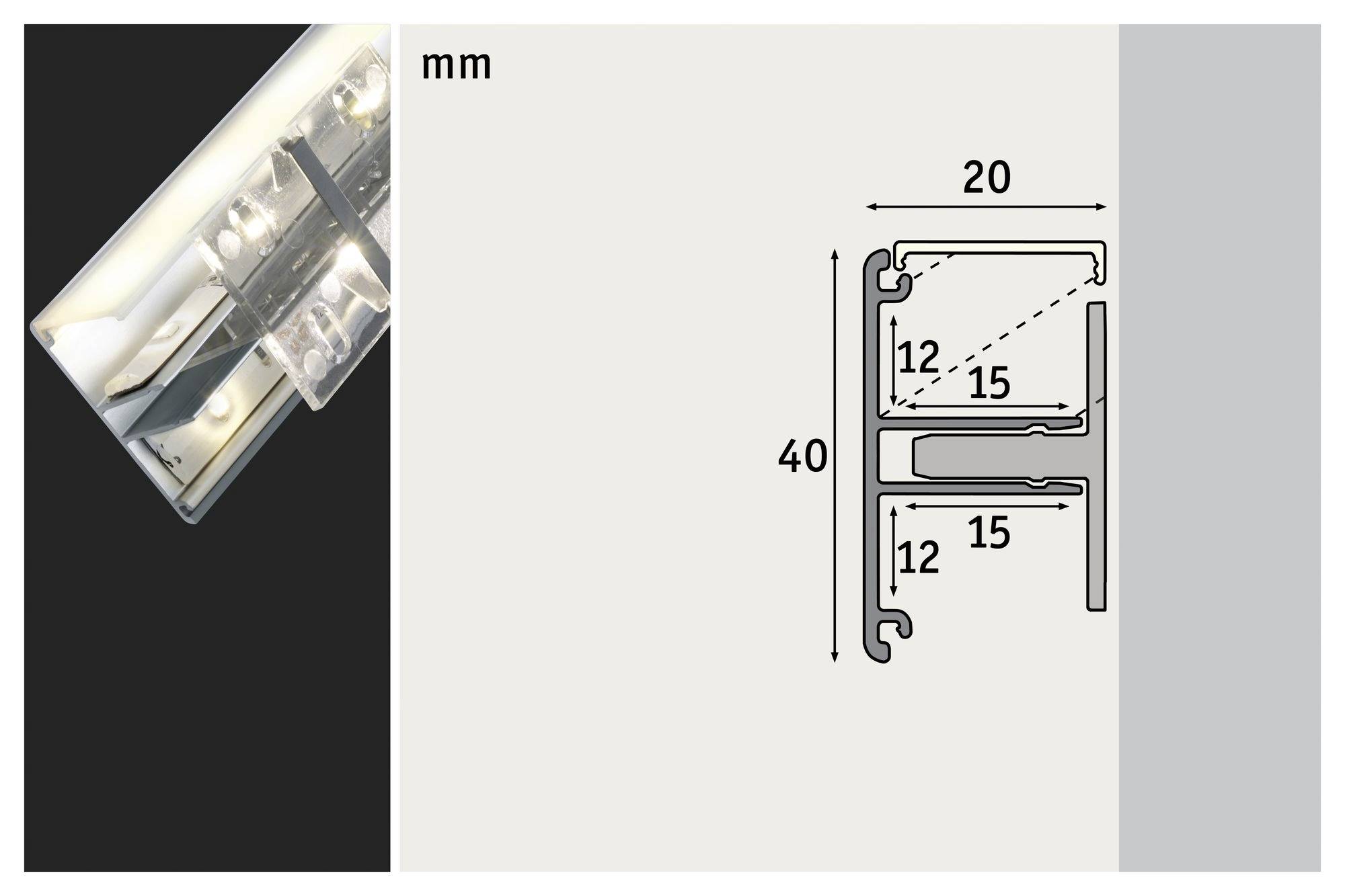 Coupe transversale d'un système de profilé avec éclairage LED, montrant les dimensions en mm : 20 mm de largeur, 40 mm de hauteur avec deux compartiments internes.