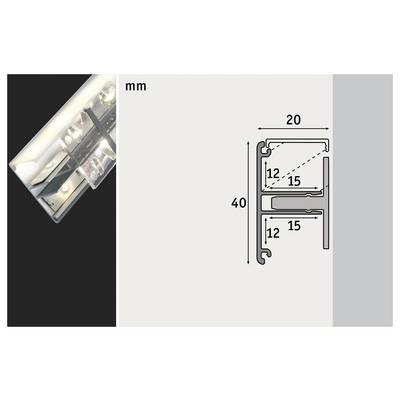 Coupe transversale d'un système de profilé avec éclairage LED, montrant les dimensions en mm : 20 mm de largeur, 40 mm de hauteur avec deux compartiments internes.