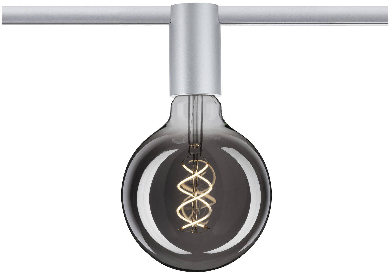 Ampoule ronde avec spirale de filament visible, montée sur un support argenté.