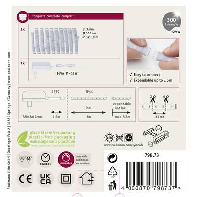 Kit d'éclairage LED avec 12 luminaires, extensible jusqu'à 5,5 m, IP20, dimmable. Comprend l'alimentation électrique et les accessoires. Emballage sans plastique.
