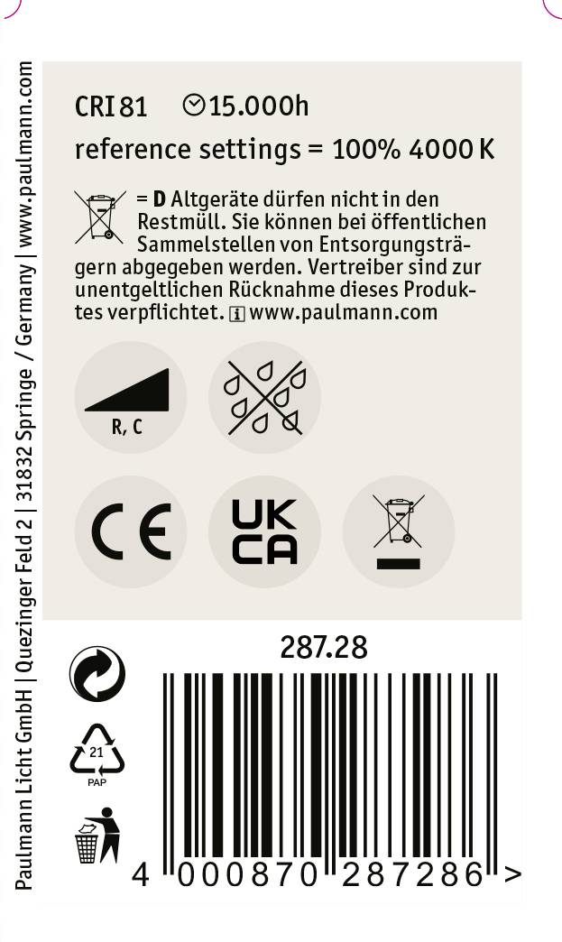 'Étiquette avec IRC 81, durée de vie de 15 000h, 100% 4000K, consignes d'élimination. Symboles : Recyclage, CE, poubelle barrée, UKCA.'