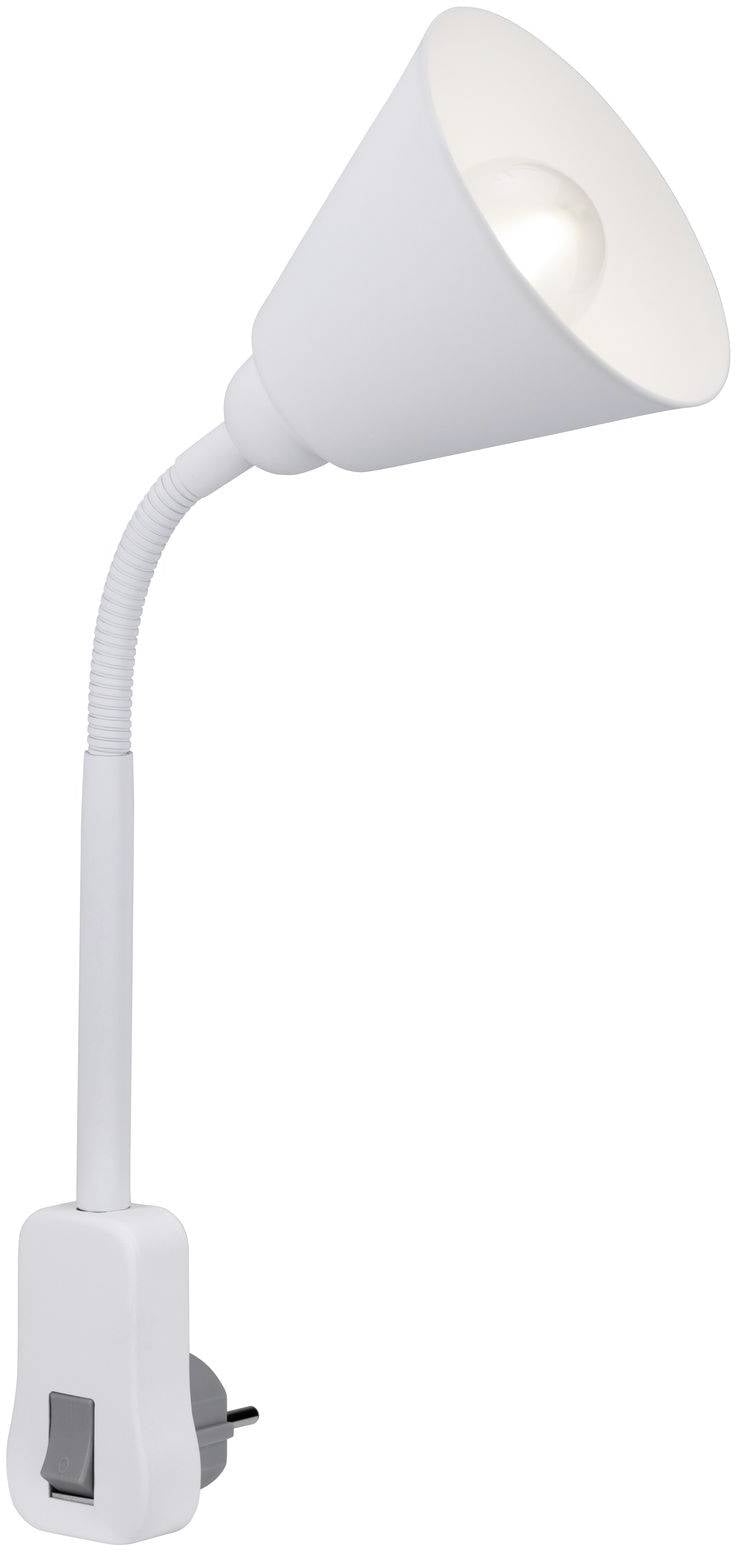 Lampe de prise blanche avec col flexible et abat-jour circulaire. La lampe est allumée et éclaire.