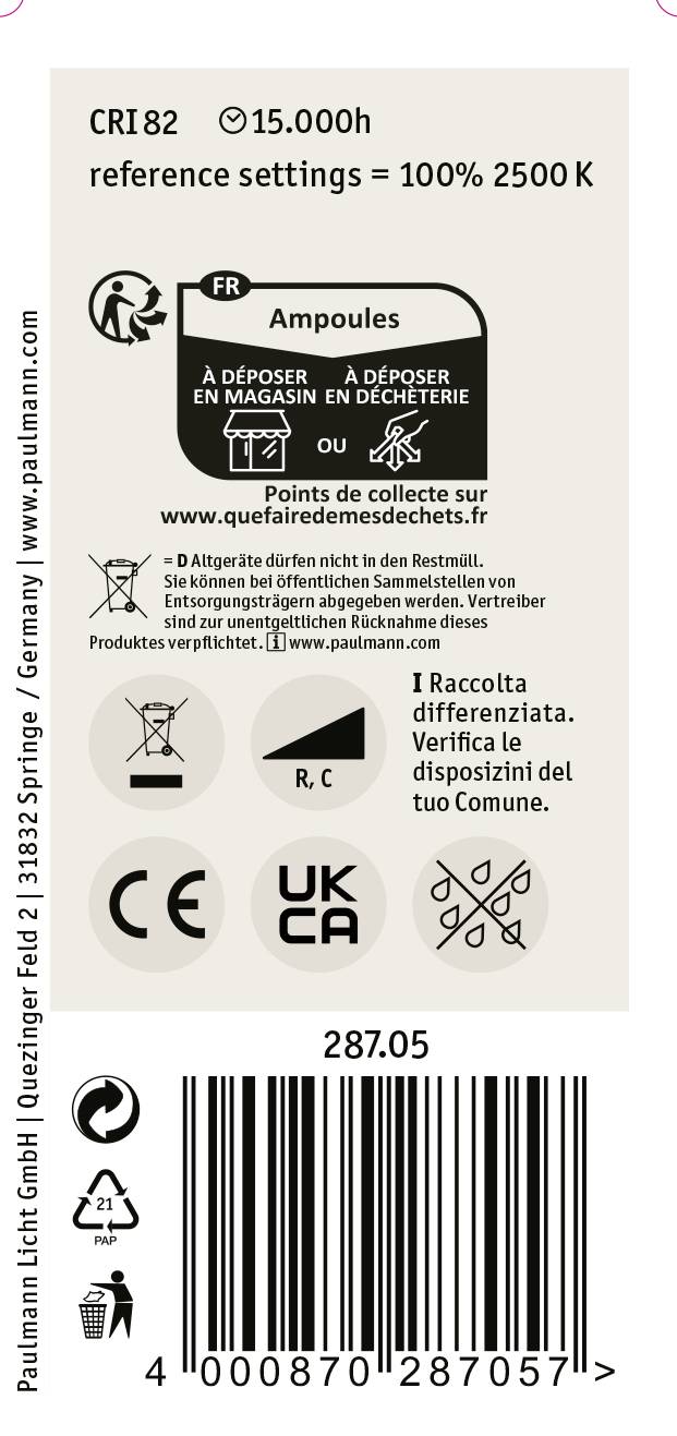 Étiquette d'emballage pour ampoules, avec IRC 82, durée de vie de 15 000 heures, température de couleur 2500 K. Comprend des symboles de recyclage et les informations du fabricant.
