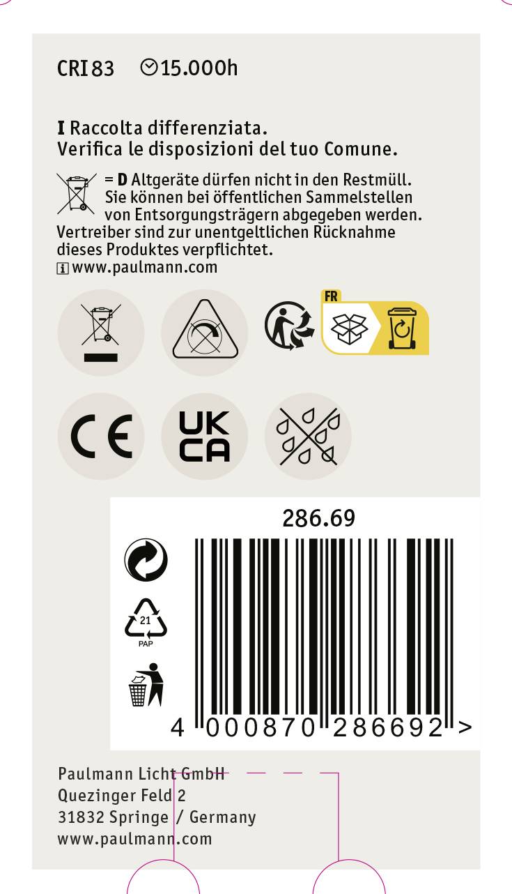 Étiquette d'un produit comportant des symboles de recyclage, un code-barres et des informations sur le fabricant. Texte sur le tri des déchets et coordonnées de contact.