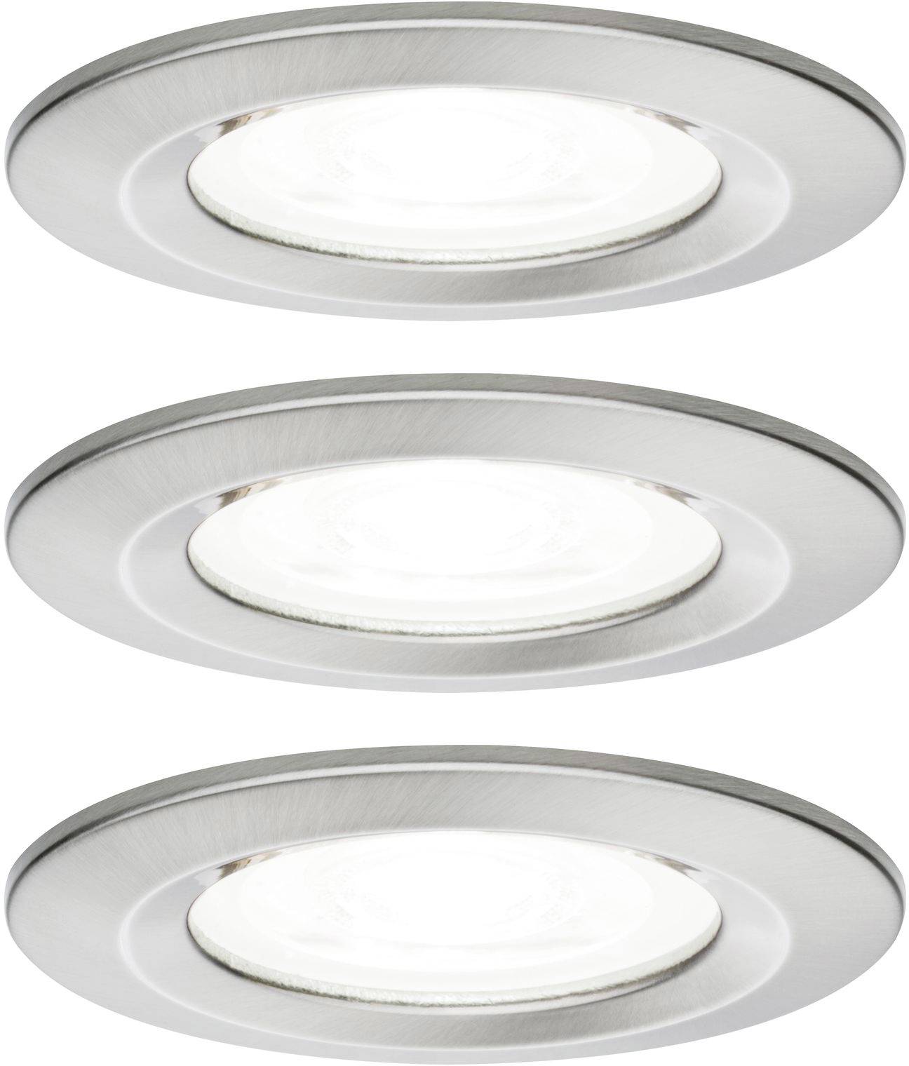 Trois spots LED ronds argentés de plafond au design moderne, disposés de manière uniforme. Ils éclairent les espaces intérieurs de façon efficace et élégante.