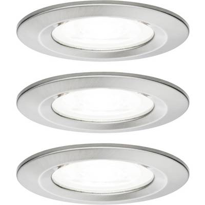 Trois spots LED ronds argentés de plafond au design moderne, disposés de manière uniforme. Ils éclairent les espaces intérieurs de façon efficace et élégante.