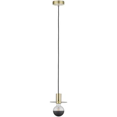 Une lampe suspendue avec une ampoule, un câble noir et un support doré.