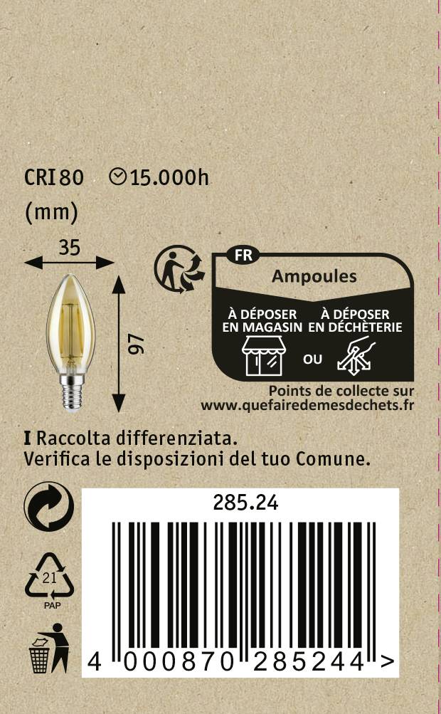 'Image de l'ampoule avec dimensions 35 mm x 97 mm, durée de vie 15 000 heures, conseils de recyclage, code-barres 285.24.'