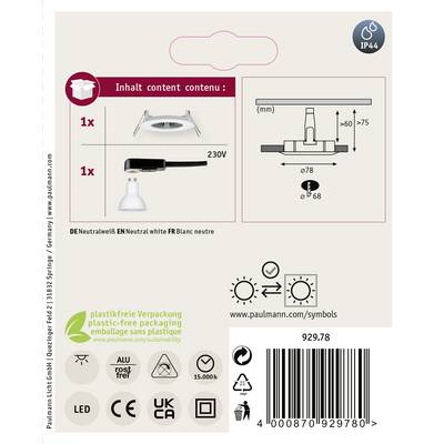 Contenu : 1x Luminaire, 230V. Le diagramme indique les dimensions. Emballage sans plastique. Symboles de marque et de sécurité en bas.