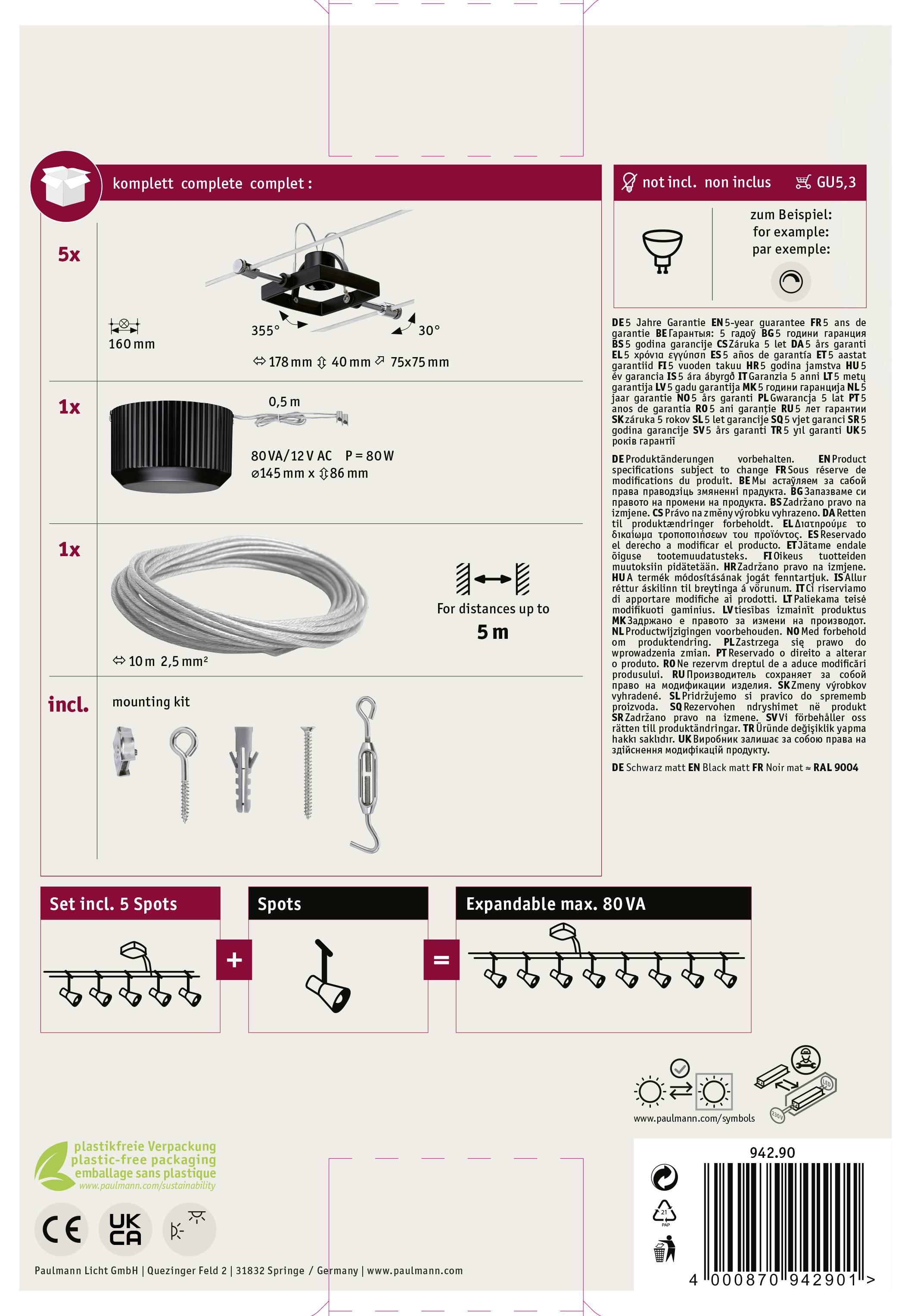 'Ensemble complet avec 5 spots, 80VA max. Extensible. Spots et câbles inclus. Lampes non comprises. Instructions de montage et détails illustrés.'