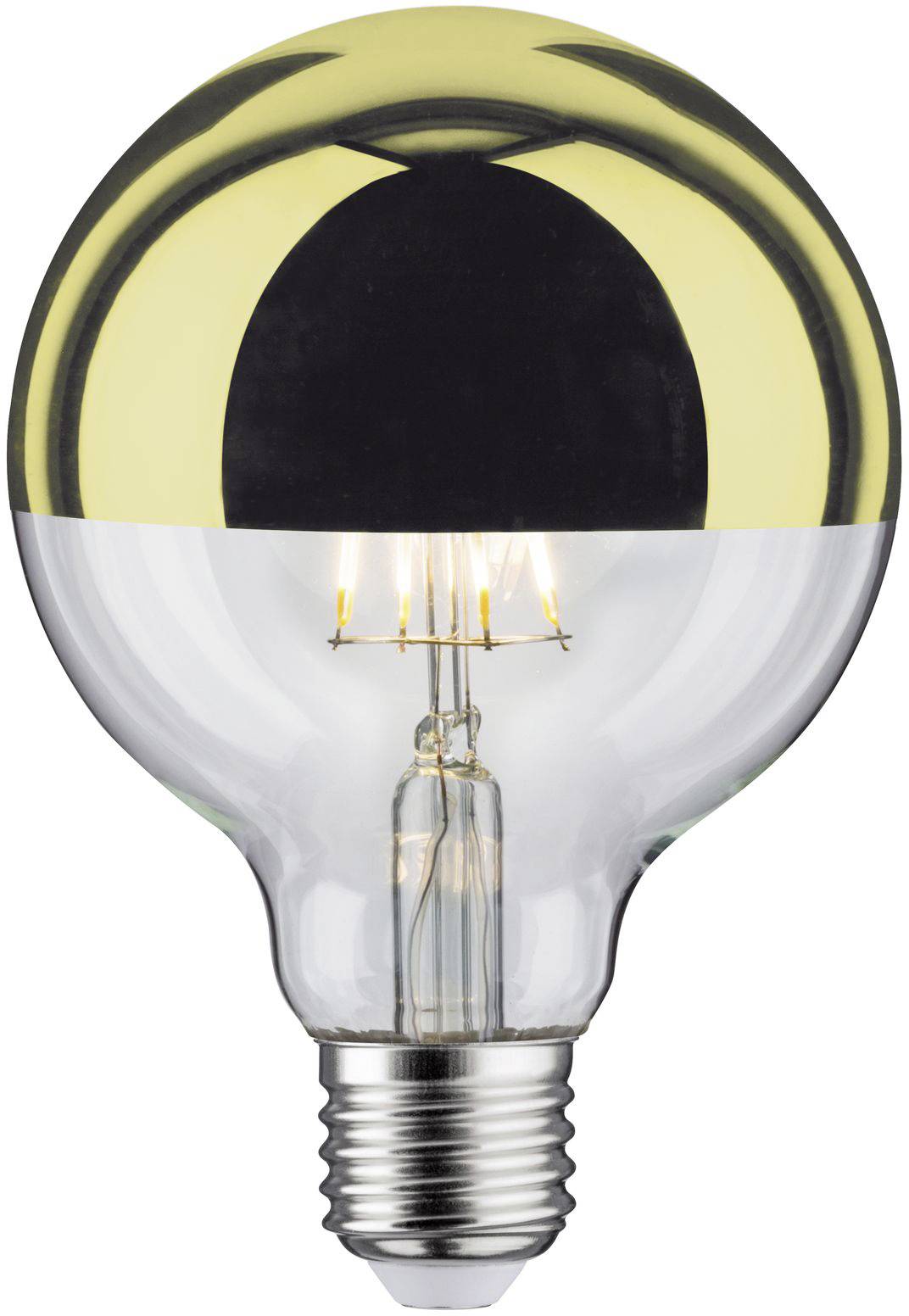 Une ampoule à revêtement noir et or. La partie supérieure est dorée, la partie inférieure est noire. Le filament est visible.