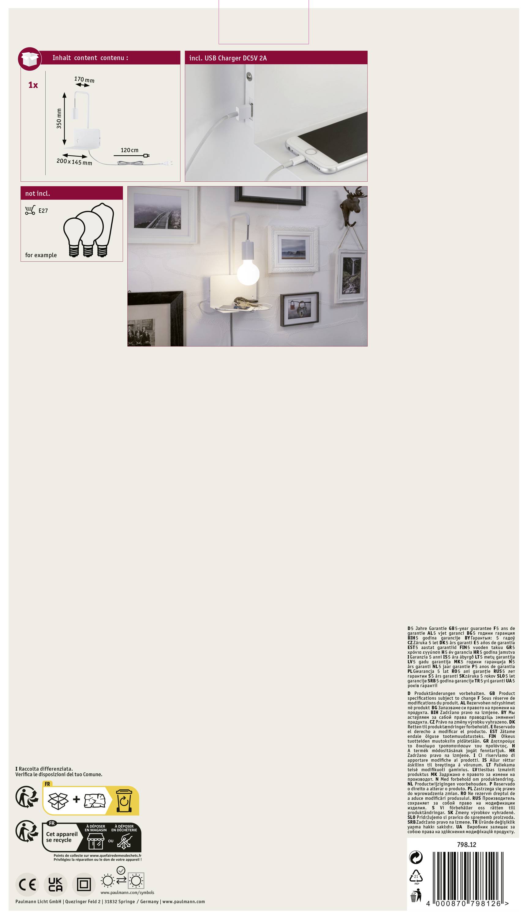 Emballage du produit pour une applique murale. Comprend une lampe avec connexion USB, illuminant un mur avec des images. Adaptée aux ampoules de 40 watts.