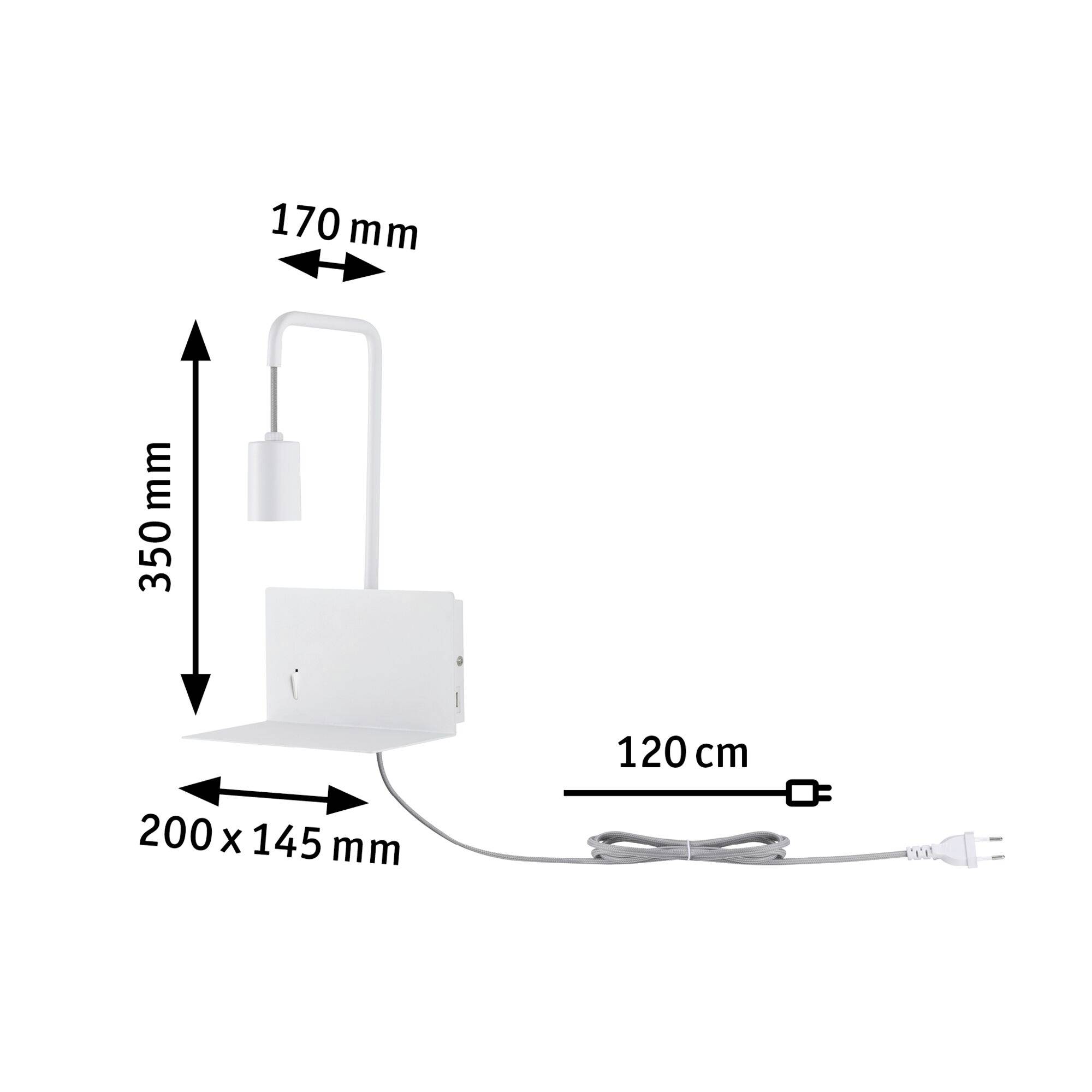 Une lampe murale blanche aux dimensions 200 x 145 mm, hauteur 350 mm, longueur de câble 120 cm. Hauteur de bras 170 mm. Fiche européenne.
