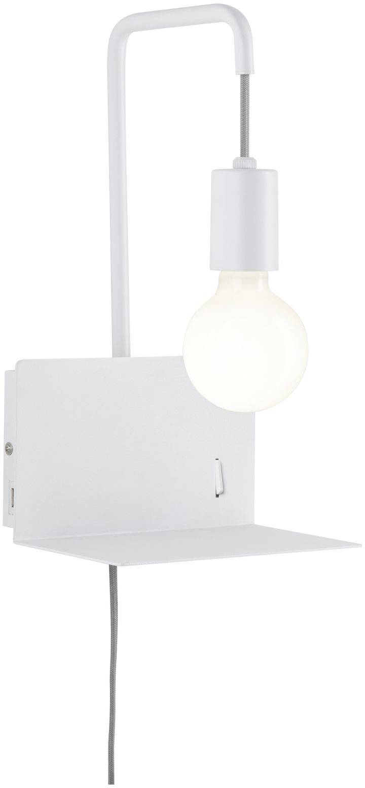 Applique murale blanche avec étagère intégrée, design minimaliste, abat-jour rond lumineux, élément d'éclairage moderne et fonctionnel.