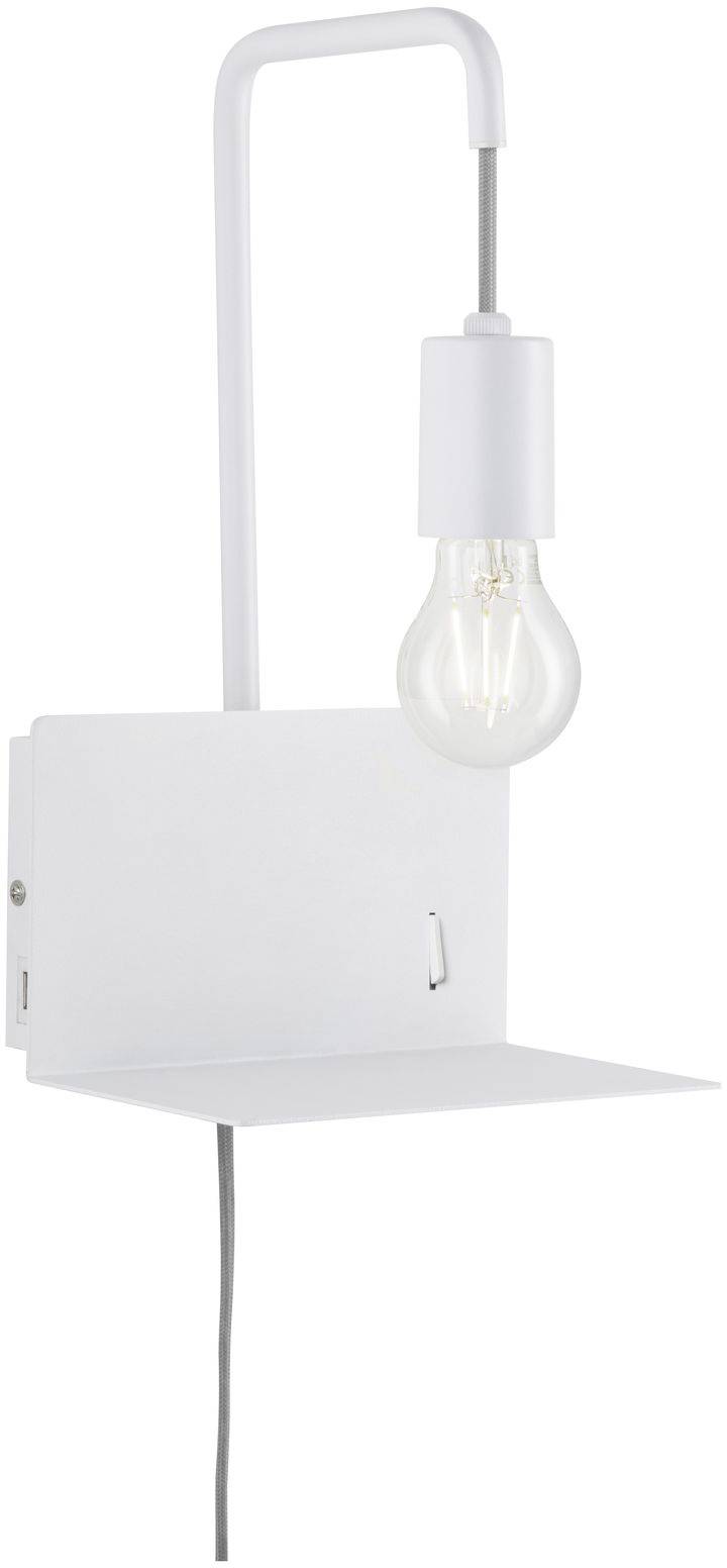 Applique murale blanche avec étagère intégrée et ampoule apparente, design moderne.