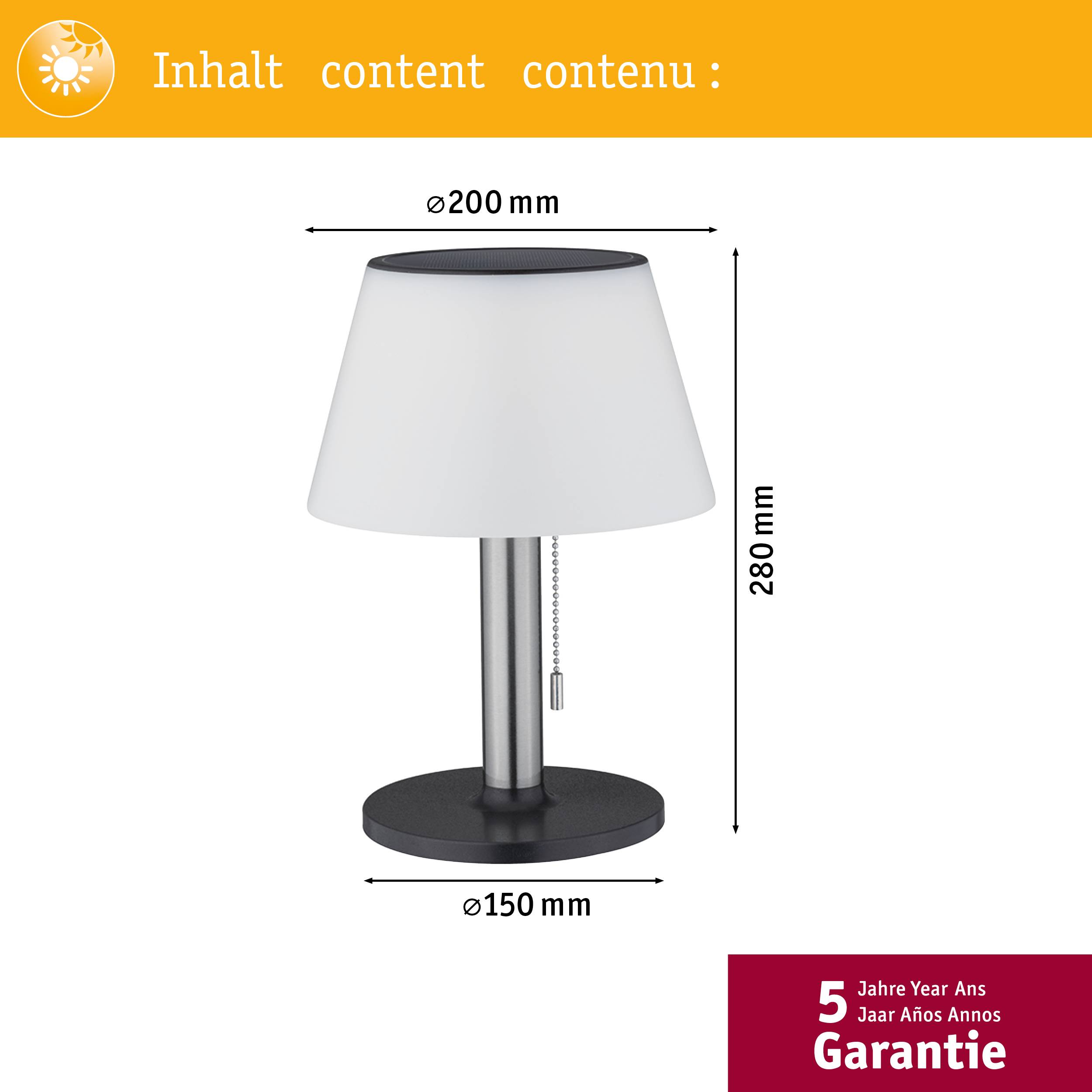 'Lampe de table avec abat-jour blanc et socle noir, hauteur 280 mm, diamètre supérieur 200 mm, diamètre inférieur 150 mm, garantie de 5 ans.'