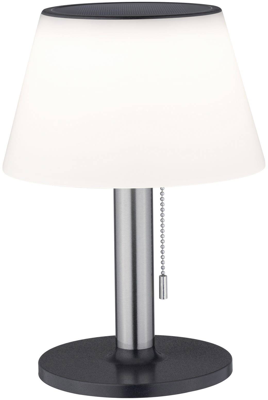 Lampe de table blanche avec base métallique ronde et chaînette de traction, design moderne adapté aux espaces intérieurs.