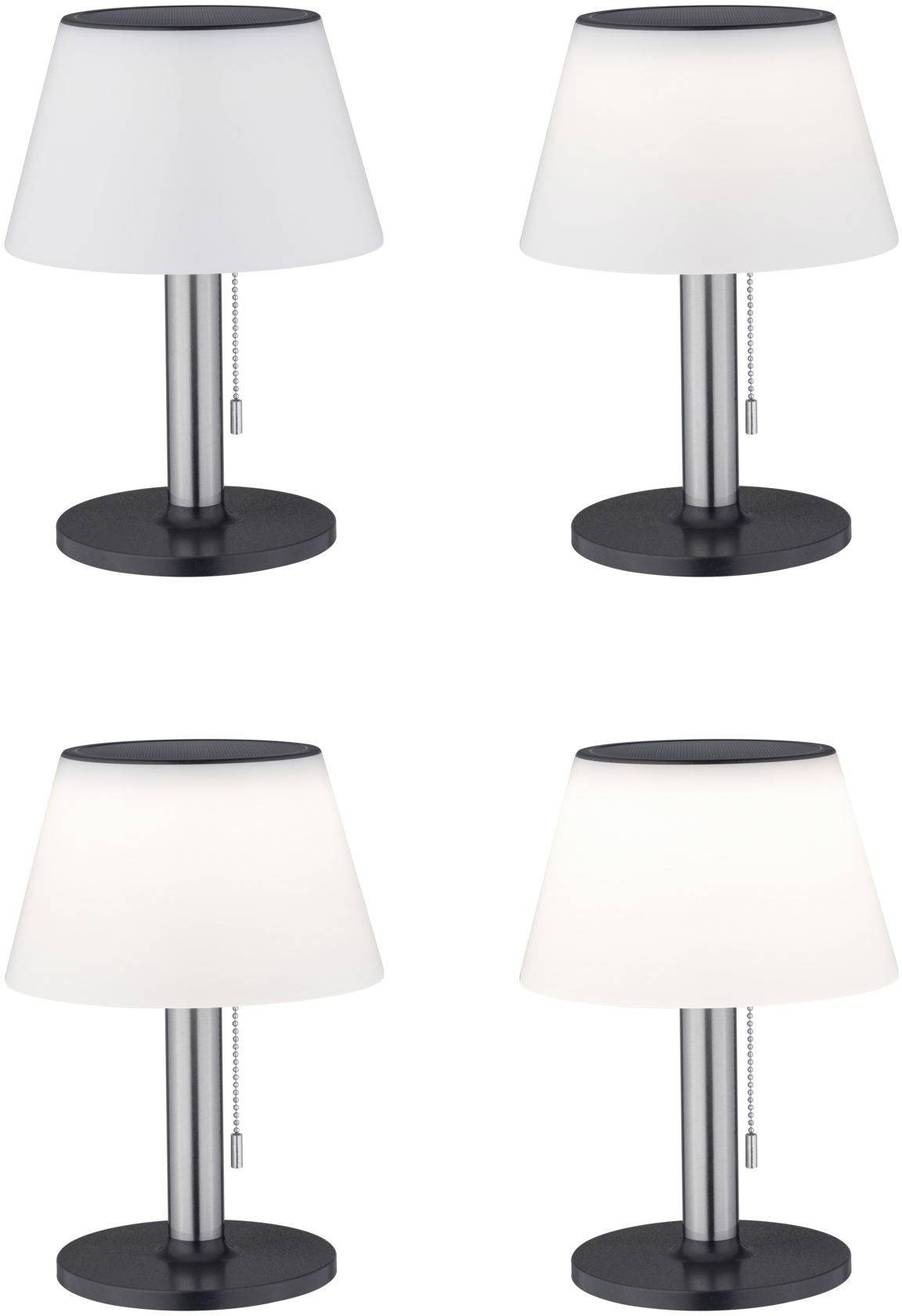 Quatre lampes de table identiques avec un pied noir et un abat-jour blanc, disposées côte à côte en deux rangées.