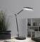 Une lampe de bureau moderne éclaire un espace de travail. Un étagère à livres et une plante d'intérieur sont visibles en arrière-plan.