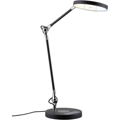 Lampe de bureau moderne noire avec bras ajustable et tête lumineuse circulaire, reposant sur un socle stable et circulaire, photographiée de côté.