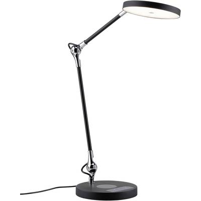 Lampe de table noire et moderne, dotée d'un bras flexible et ajustable, avec une tête de lampe ronde reposant sur un socle stable.