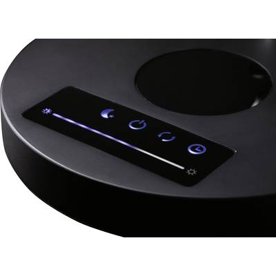 Un appareil noir avec un panneau de commande tactile affiche des symboles de luminosité, mode nuit, marche/arrêt, actualisation et minuterie.
