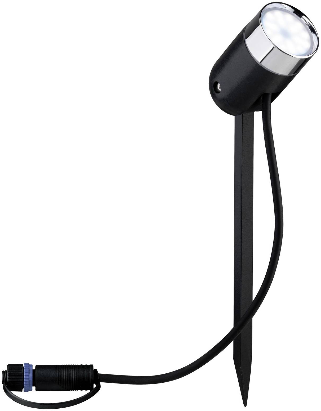 Projecteur de jardin noir avec piquet de terre, boîtier rond et connexion de câble, adapté pour l'éclairage extérieur.