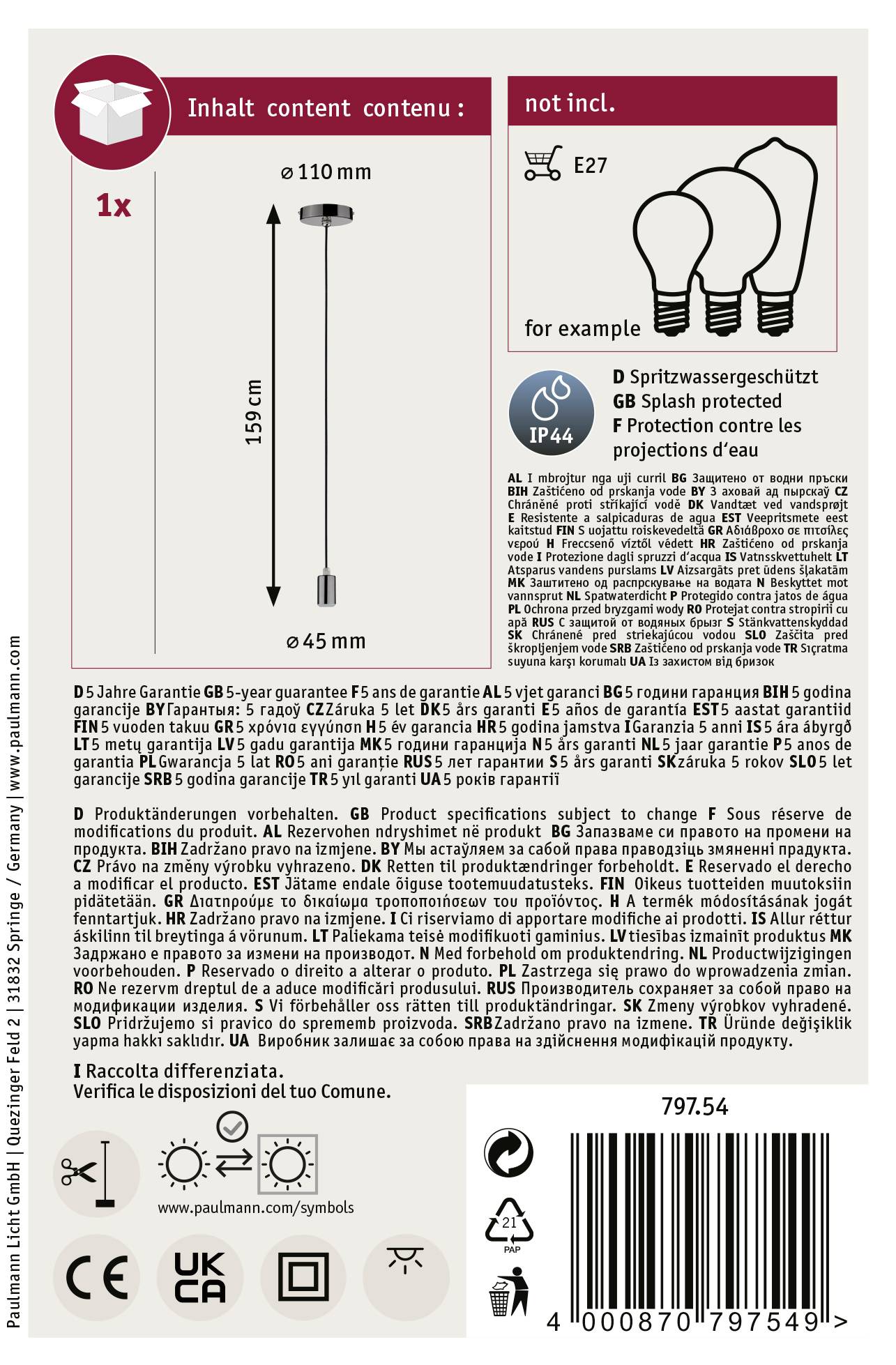 Abat-jour - Emballage du produit avec illustration d'un lampadaire. Le texte informe sur la garantie, les spécifications et l'explication des symboles.