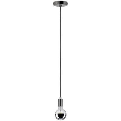 L'illustration montre un luminaire suspendu moderne et minimaliste avec une ampoule transparente et un câble noir.