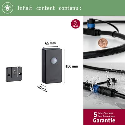 'Détecteur de mouvement 65x150x40mm, certifié IP68, à côté d'un tuyau avec 5 ans de garantie. Contenu en allemand, anglais, français.'