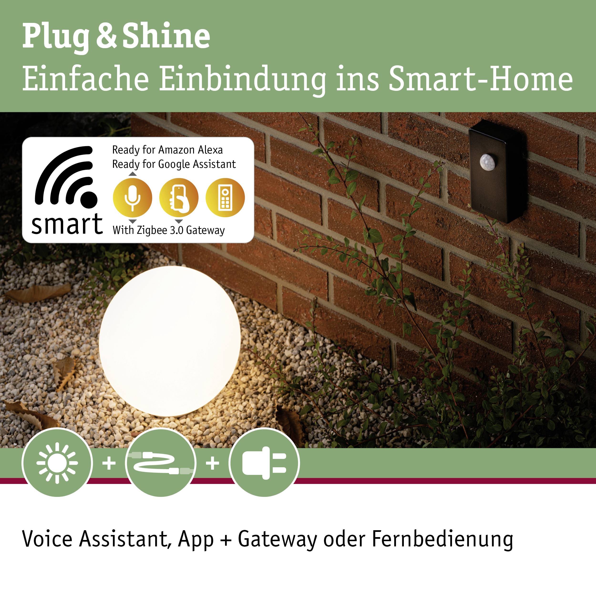 Plug & Shine Lampe avec passerelle Zigbee, compatible avec Amazon Alexa et Google Assistant pour une intégration facile dans la maison connectée.